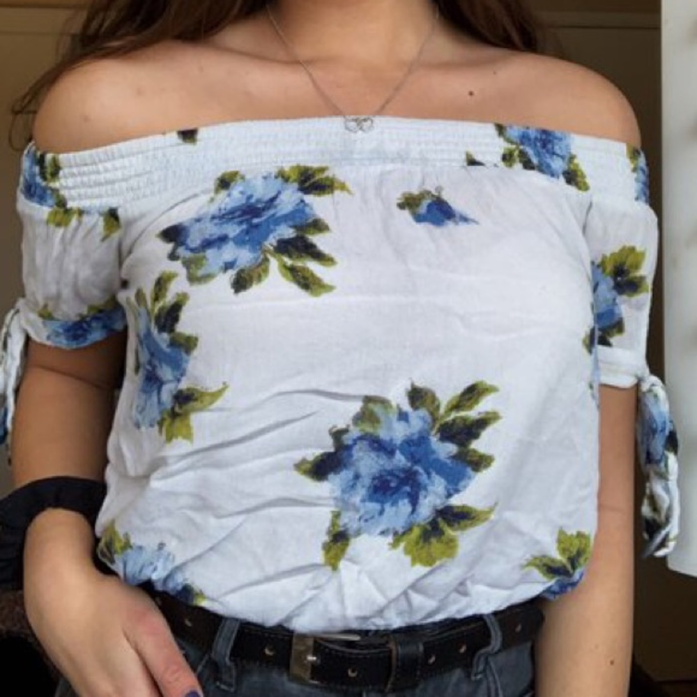 White w/ blue flower off the shoulder top